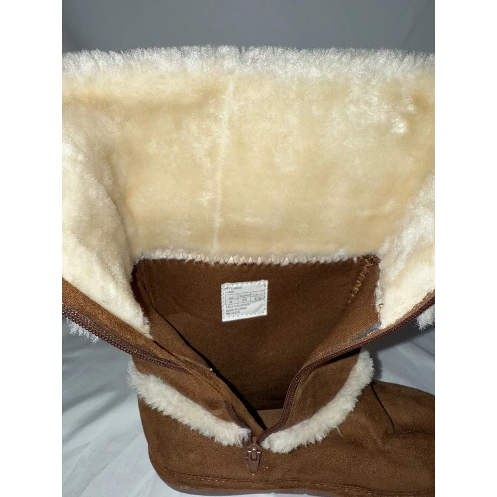 Michael Kors Nevermind Girls Boots 4 Brown Camel Suede Faux Fur Side Zip Boots